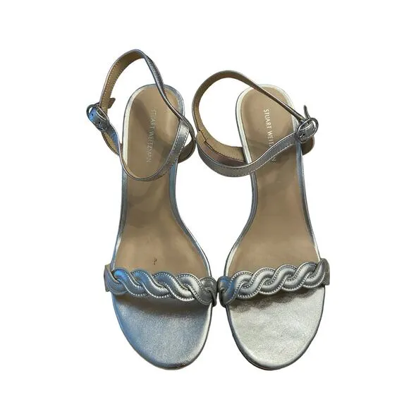 STUART WEITZMAN Twisted Stiletto Heel Sandals Leather Ankle Strap Silver Size 8