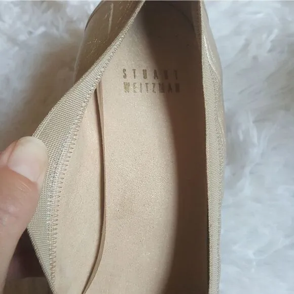 Stuart Weitzman Vintage Heels Pumps Gold Elastic Top Trim Block Heel Size 7.5