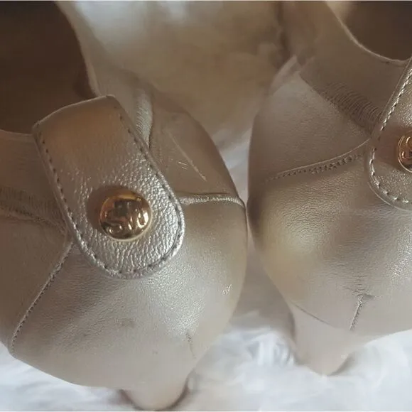 Stuart Weitzman Vintage Heels Pumps Gold Elastic Top Trim Block Heel Size 7.5