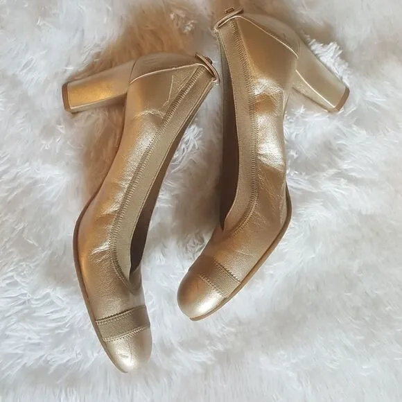 Stuart Weitzman Vintage Heels Pumps Gold Elastic Top Trim Block Heel Size 7.5