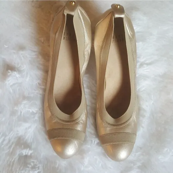 Stuart Weitzman Vintage Heels Pumps Gold Elastic Top Trim Block Heel Size 7.5