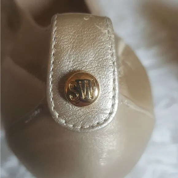 Stuart Weitzman Vintage Heels Pumps Gold Elastic Top Trim Block Heel Size 7.5