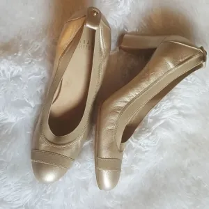Stuart Weitzman Vintage Heels Pumps Gold Elastic Top Trim Block Heel Size 7.5