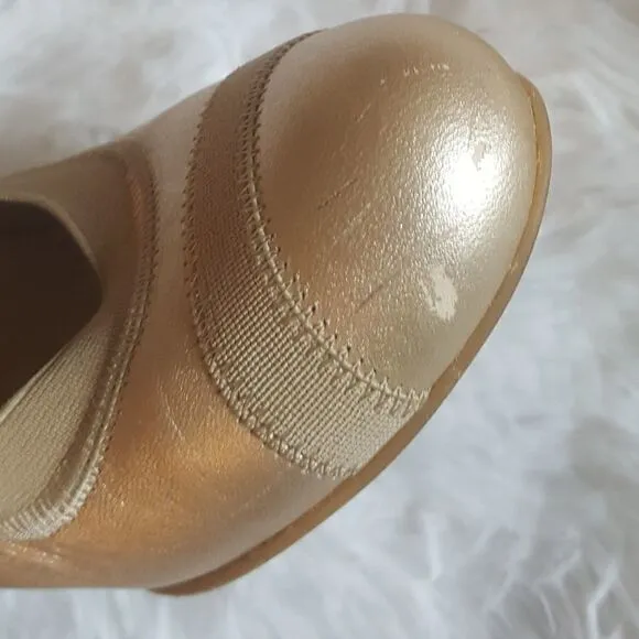 Stuart Weitzman Vintage Heels Pumps Gold Elastic Top Trim Block Heel Size 7.5