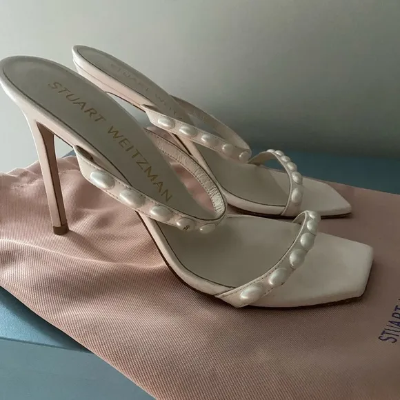 Stuart Weitzman White Pearl-Embellished Heel Sandals