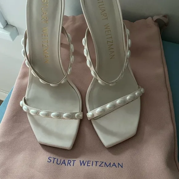 Stuart Weitzman White Pearl-Embellished Heel Sandals