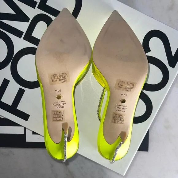 Stuart Weitzman Women's 10.5 Stuart Glam Ankle-Strap Pumps Neon Yellow NIB $595