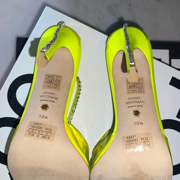 Stuart Weitzman Women's 10.5 Stuart Glam Ankle-Strap Pumps Neon Yellow NIB $595