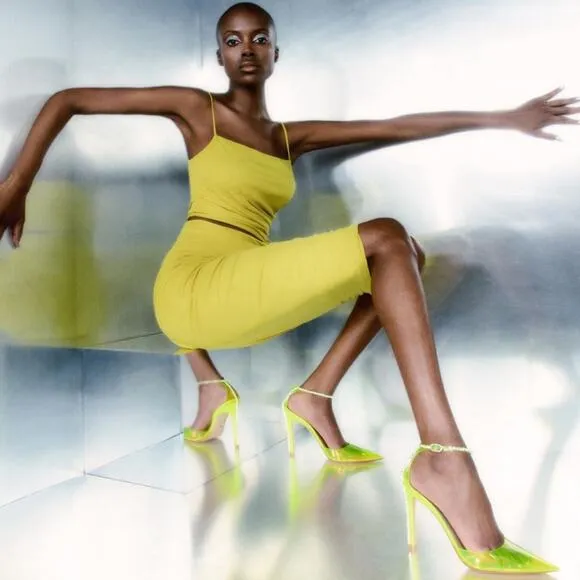 Stuart Weitzman Women's 10.5 Stuart Glam Ankle-Strap Pumps Neon Yellow NIB $595