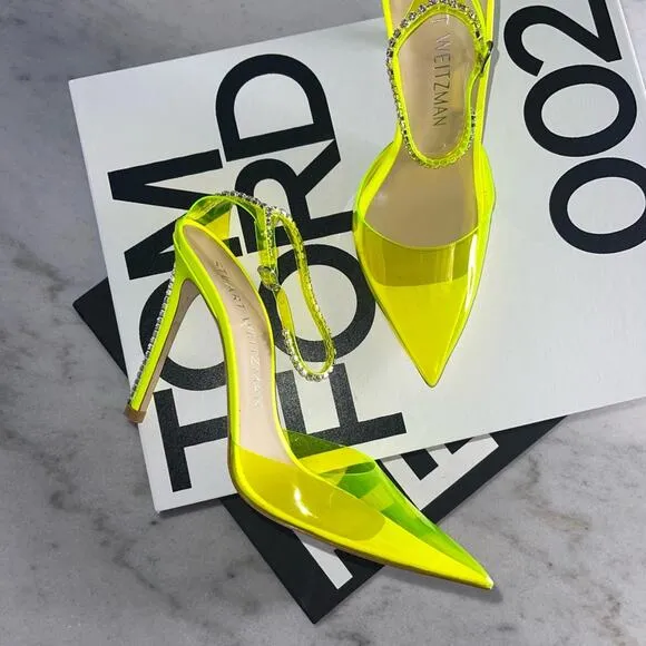 Stuart Weitzman Women's 10.5 Stuart Glam Ankle-Strap Pumps Neon Yellow NIB $595