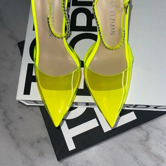 Stuart Weitzman Women's 10.5 Stuart Glam Ankle-Strap Pumps Neon Yellow NIB $595