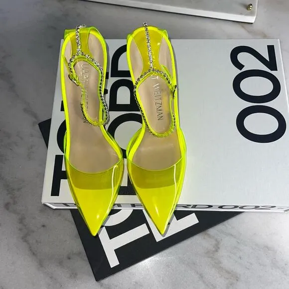 Stuart Weitzman Women's 10.5 Stuart Glam Ankle-Strap Pumps Neon Yellow NIB $595