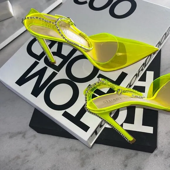 Stuart Weitzman Women's 10.5 Stuart Glam Ankle-Strap Pumps Neon Yellow NIB $595