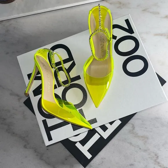 Stuart Weitzman Women's 10.5 Stuart Glam Ankle-Strap Pumps Neon Yellow NIB $595
