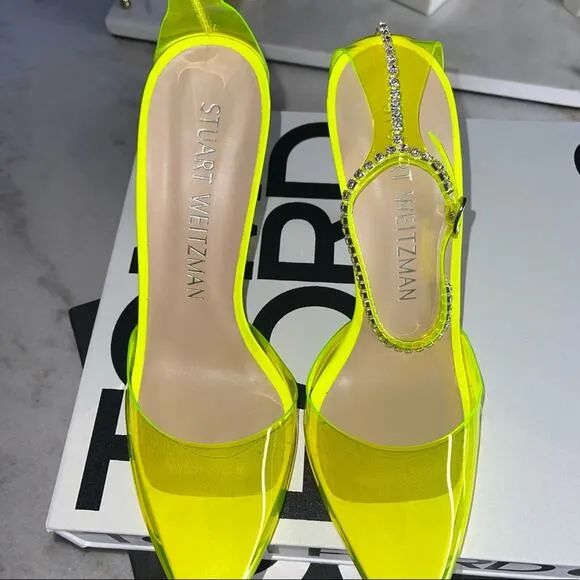 Stuart Weitzman Women's 10.5 Stuart Glam Ankle-Strap Pumps Neon Yellow NIB $595