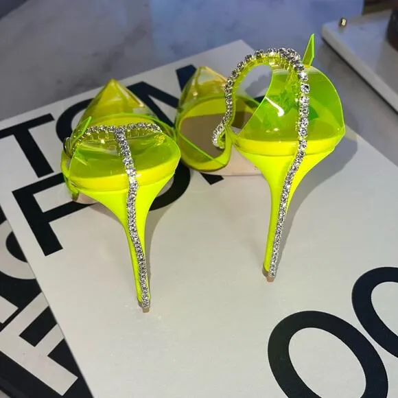Stuart Weitzman Women's 10.5 Stuart Glam Ankle-Strap Pumps Neon Yellow NIB $595