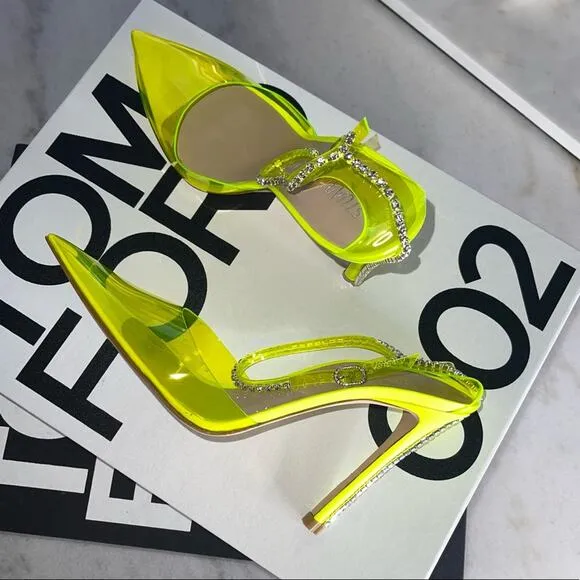 Stuart Weitzman Women's 10.5 Stuart Glam Ankle-Strap Pumps Neon Yellow NIB $595