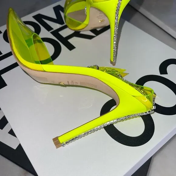Stuart Weitzman Women's 10.5 Stuart Glam Ankle-Strap Pumps Neon Yellow NIB $595