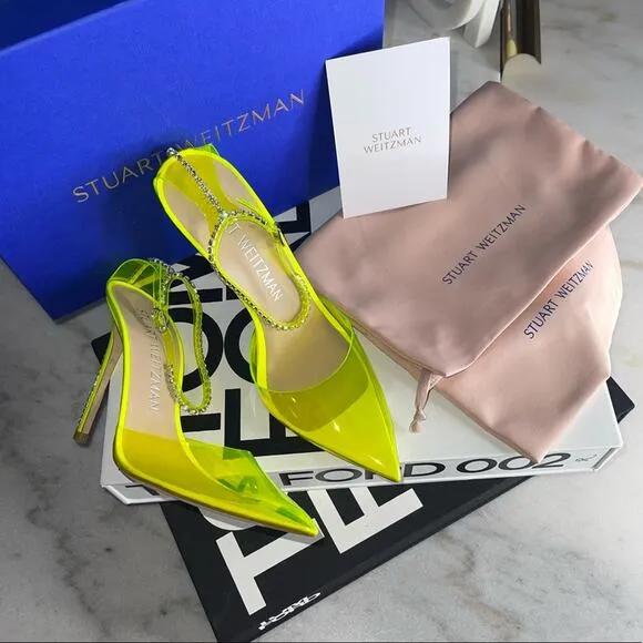 Stuart Weitzman Women's 10.5 Stuart Glam Ankle-Strap Pumps Neon Yellow NIB $595