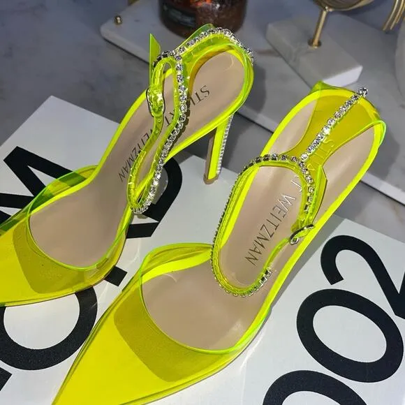 Stuart Weitzman Women's 10.5 Stuart Glam Ankle-Strap Pumps Neon Yellow NIB $595