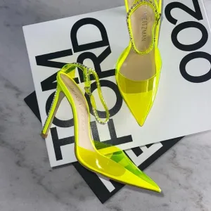 Stuart Weitzman Women's 10.5 Stuart Glam Ankle-Strap Pumps Neon Yellow NIB $595