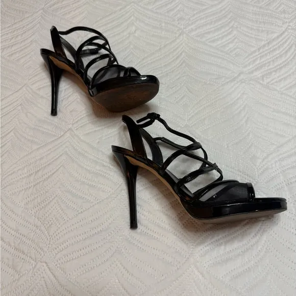 Stuart Weitzman women’s Black Patent Leather Strappy Heel Shoes. Size 8.5