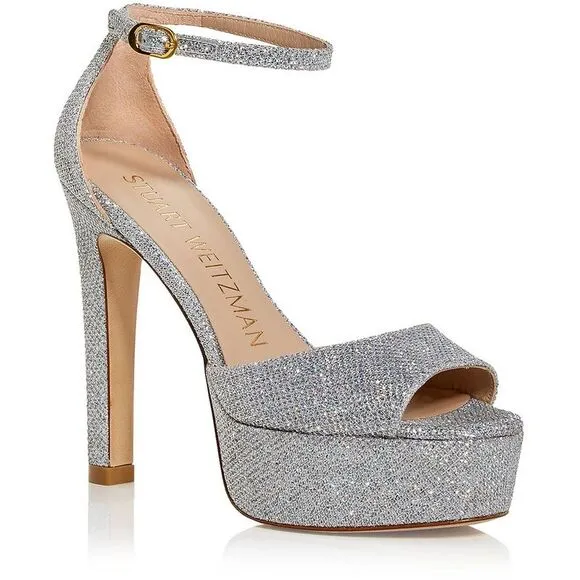 Stuart Weitzman Womens DISCOPLATFORM Silver Leather Stilettos Pumps Shoes NWOB