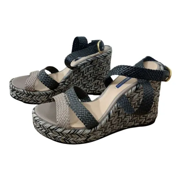 Stuart Weitzman Women's Elsie Woven Leather Espadrille‎ Wedge Sandals Size 9