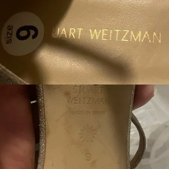 Stuart Weitzman Womens Shoes Heels Gold Glitter Thin Strap Stiletto Size 9