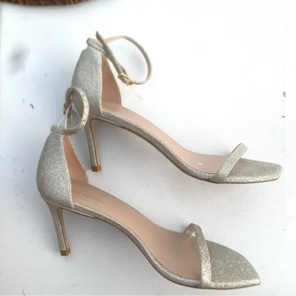 Stuart Weitzman Womens Shoes Heels Gold Glitter Thin Strap Stiletto Size 9
