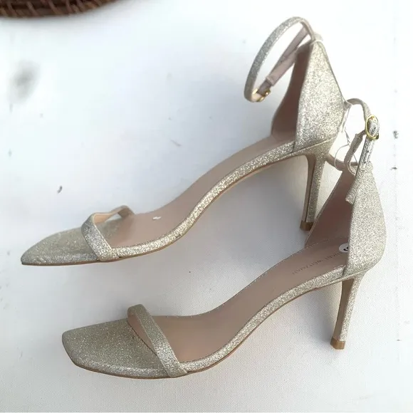 Stuart Weitzman Womens Shoes Heels Gold Glitter Thin Strap Stiletto Size 9