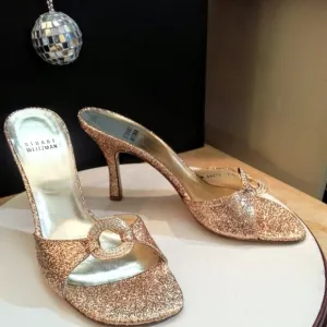 Stuart Weitzman x Swarovski rhinestone gold glitter 3.75&quot; heel slide sandals sz7