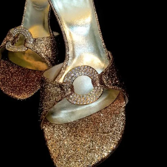 Stuart Weitzman x Swarovski rhinestone gold glitter 3.75&quot; heel slide sandals sz7