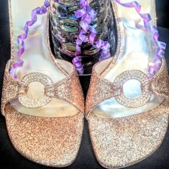 Stuart Weitzman x Swarovski rhinestone gold glitter 3.75&quot; heel slide sandals sz7