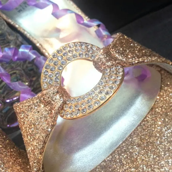 Stuart Weitzman x Swarovski rhinestone gold glitter 3.75&quot; heel slide sandals sz7