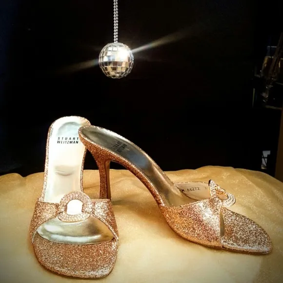 Stuart Weitzman x Swarovski rhinestone gold glitter 3.75&quot; heel slide sandals sz7