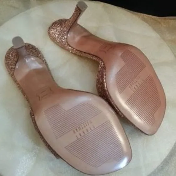 Stuart Weitzman x Swarovski rhinestone gold glitter 3.75&quot; heel slide sandals sz7