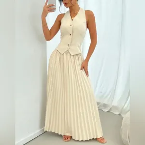 Stunning Skirt Set - Button Front Backless Sleeveless Halter Top &amp; Pleated Skirt