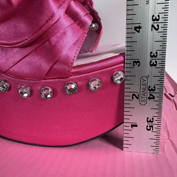 Sugar Thrillz Strike a Pose Diamante Bow Mule Heels Pink Satin Platform Size 10