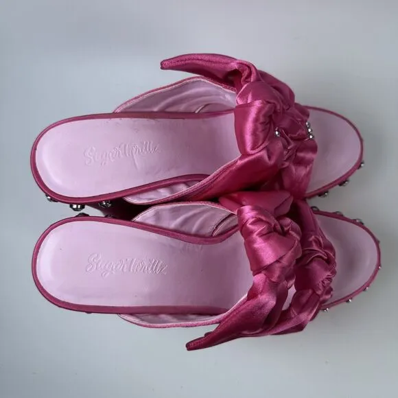 Sugar Thrillz Strike a Pose Diamante Bow Mule Heels Pink Satin Platform Size 10