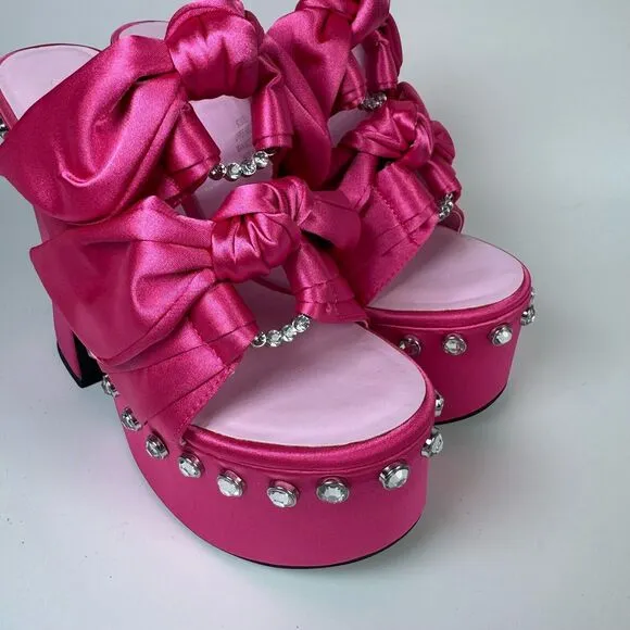Sugar Thrillz Strike a Pose Diamante Bow Mule Heels Pink Satin Platform Size 10