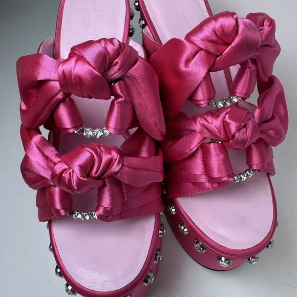 Sugar Thrillz Strike a Pose Diamante Bow Mule Heels Pink Satin Platform Size 10