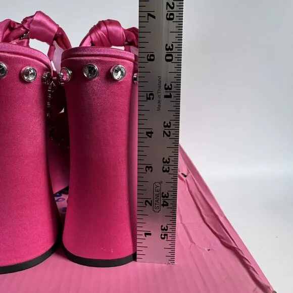 Sugar Thrillz Strike a Pose Diamante Bow Mule Heels Pink Satin Platform Size 10