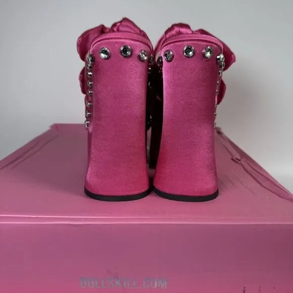 Sugar Thrillz Strike a Pose Diamante Bow Mule Heels Pink Satin Platform Size 10