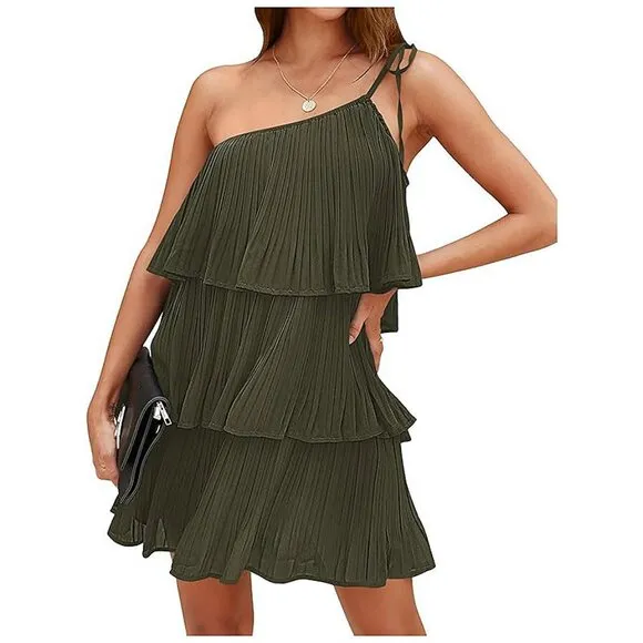 Summer One Shoulder Tie Mini Dresses Army Green