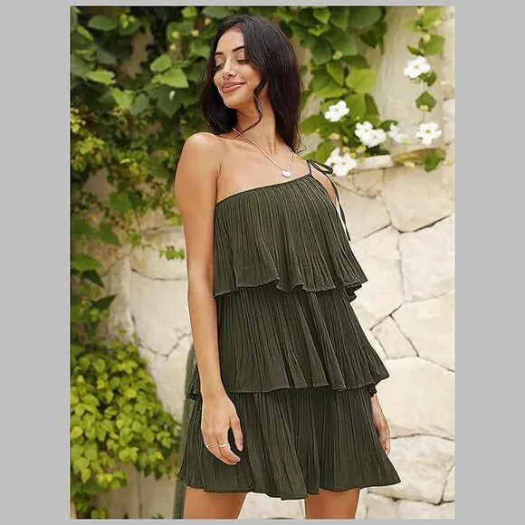 Summer One Shoulder Tie Mini Dresses Army Green
