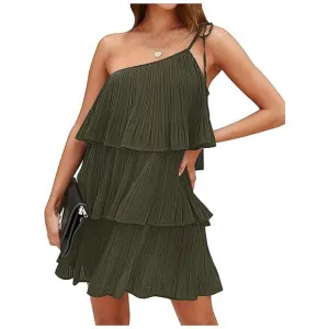 Summer One Shoulder Tie Mini Dresses Army Green