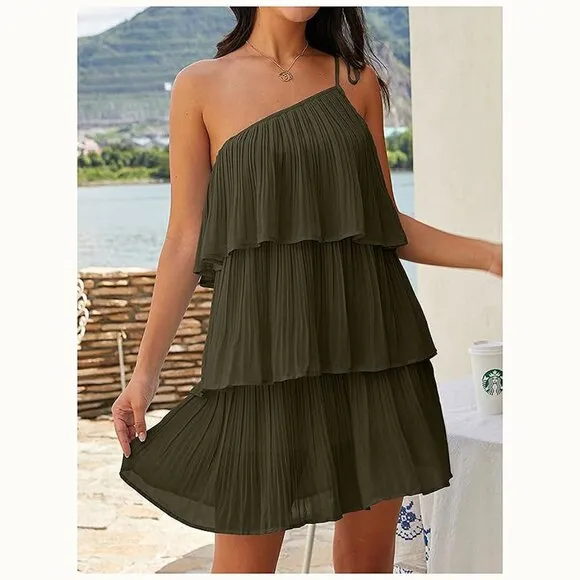 Summer One Shoulder Tie Mini Dresses Army Green