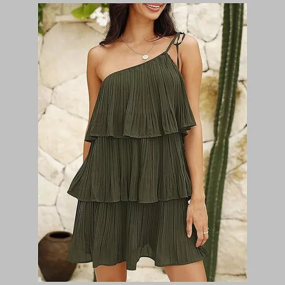 Summer One Shoulder Tie Mini Dresses Army Green