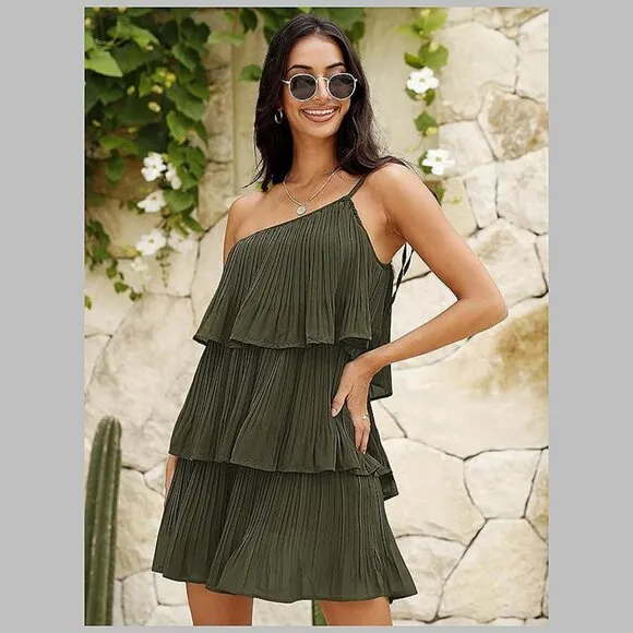 Summer One Shoulder Tie Mini Dresses Army Green